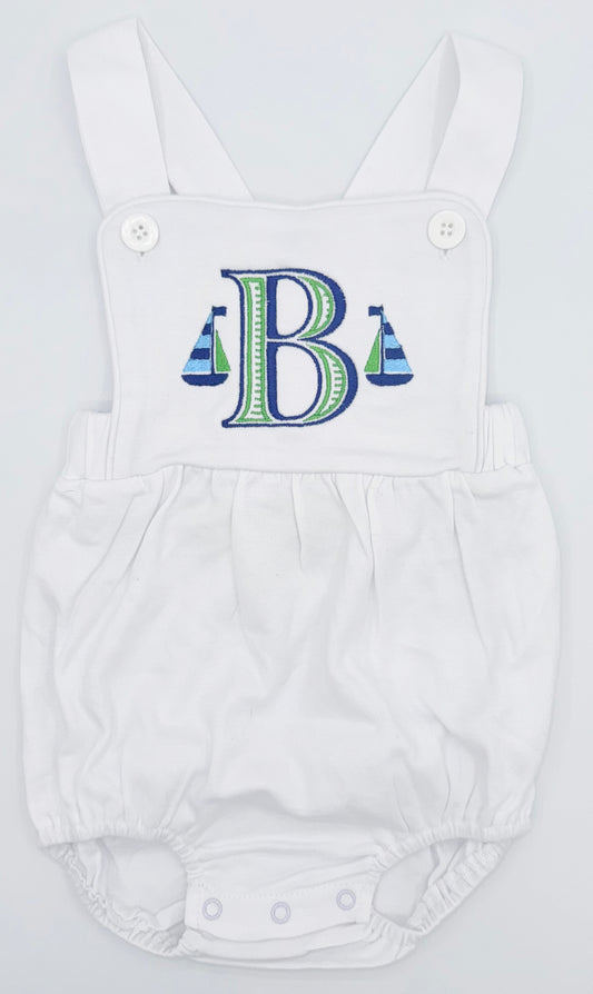 Embroidered Sail Boat and Initial Boy’s Sunsuit, Baby Boy Toddler | Bubble, Boy Outfit, Summer, Romper, Boats, Custom, Bold, Blue and Green