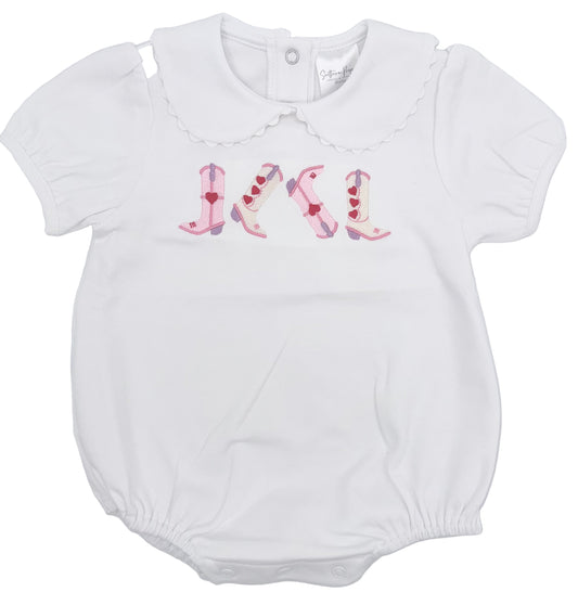 Personalized Valentine Boots Bubble, Peter Pan Collar, Embroidered Name, Baby Shower Gift