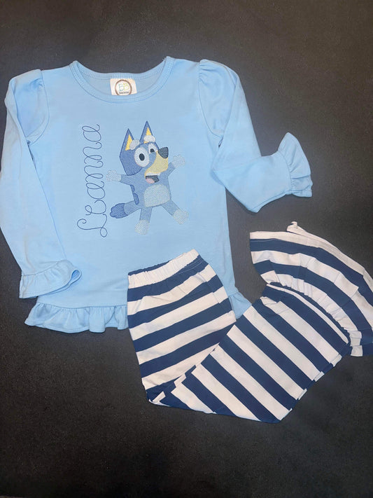 Personalized Blue Dog Stripes Ruffle Set