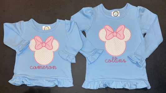 Personalized Mouse Head Bow Ruffle Shirt