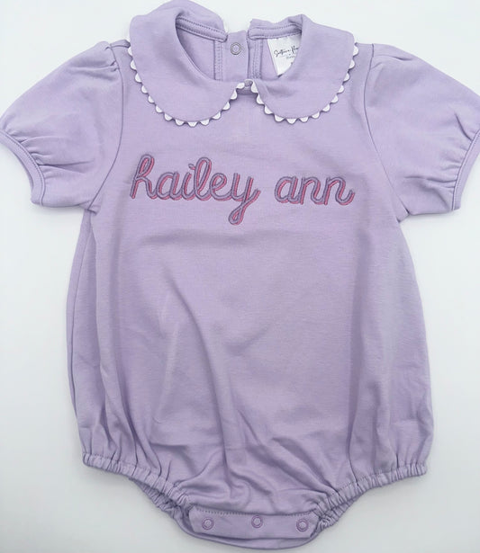 Lavender Personalized Baby Bubble Romper – Custom Embroidered Name Outfit with Scalloped Collar, Baby Shower Gift