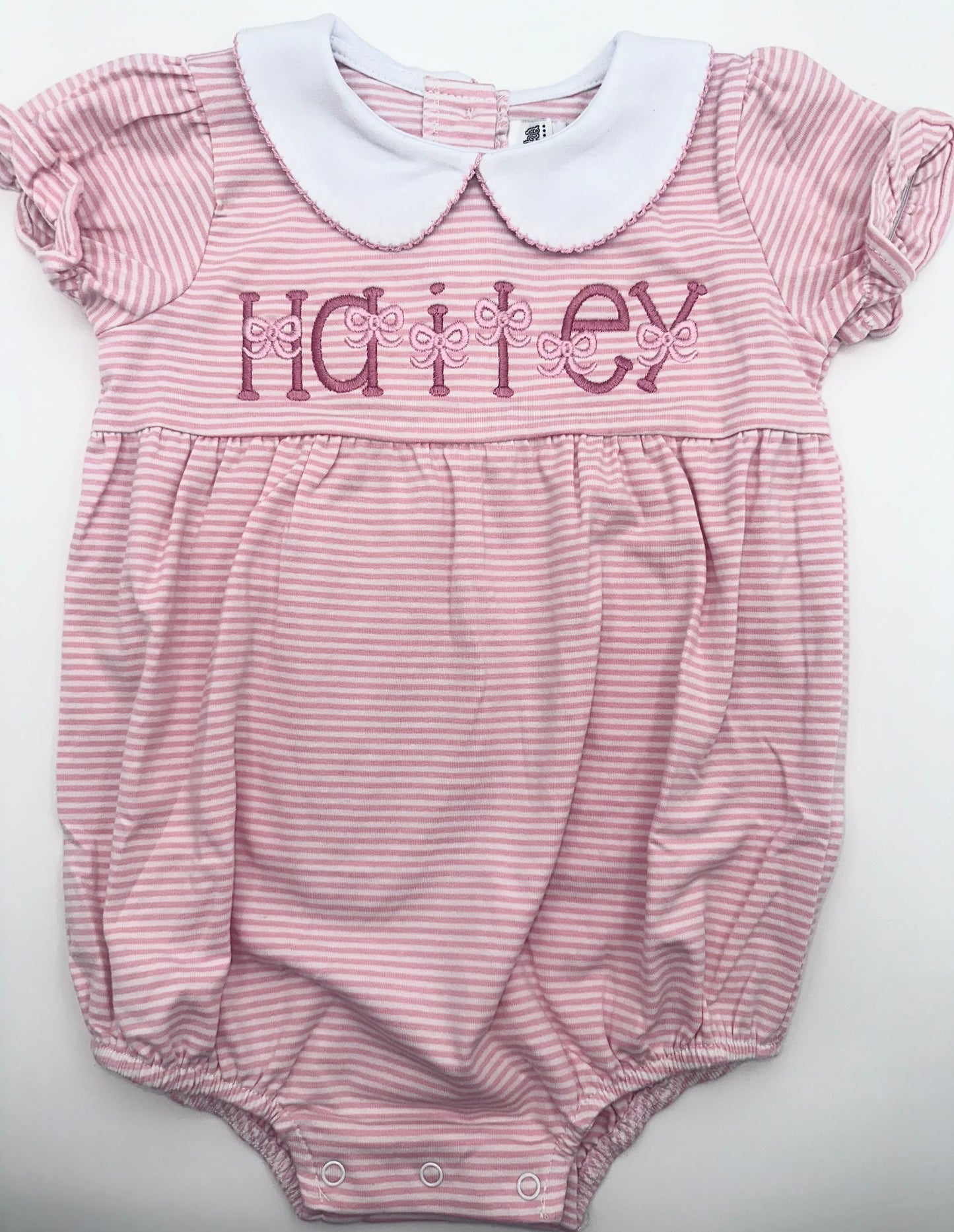 Personalized Baby Girl Bubble Romper – Pink Striped Outfit with Bows, Peter Pan Collar, Embroidered Name, Baby Shower Gift