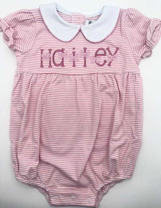 Personalized Baby Girl Bubble Romper – Pink Striped Outfit with Bows, Peter Pan Collar, Embroidered Name, Baby Shower Gift