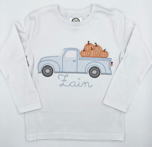 Pumpkin Truck Shirt – Personalized Fall Outfit – Embroidered Pumpkin Pickup – Boys & Girls Autumn Shirt