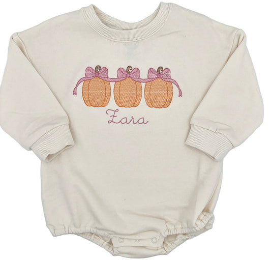 Girls Pumpkin Romper – Personalized Fall Outfit – Embroidered Pumpkins with Bows – Baby & Toddler Autumn Clothing