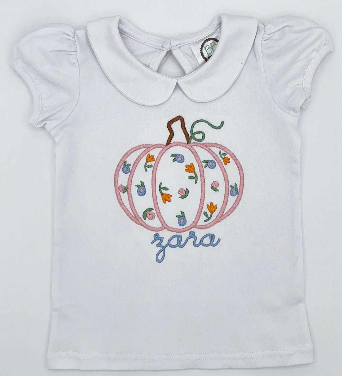 Girls Peter Pan Collar Pumpkin Shirt – Personalized Fall Floral Pumpkin Tee – Embroidered Autumn Outfit