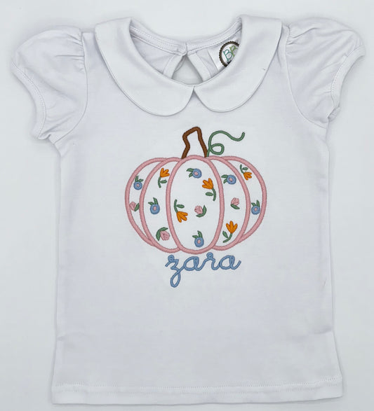 Girls Peter Pan Collar Pumpkin Shirt – Personalized Fall Floral Pumpkin Tee – Embroidered Autumn Outfit