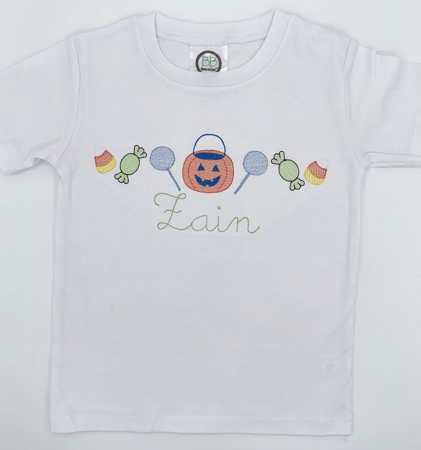 Kids Halloween Candy Shirt – Personalized Trick or Treat Tee – Pumpkin Bucket & Candy Embroidery