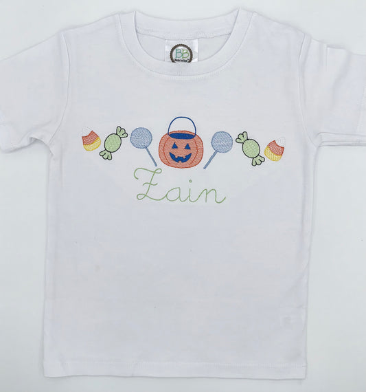 Kids Halloween Candy Shirt – Personalized Trick or Treat Tee – Pumpkin Bucket & Candy Embroidery