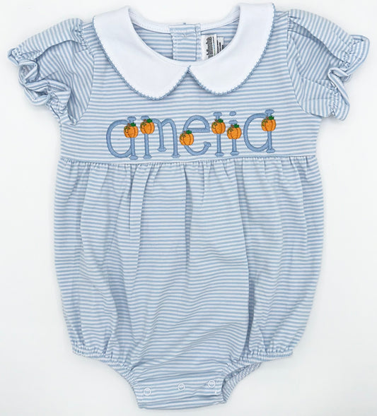 Personalized Baby Pumpkin Bubble Romper – Blue Striped Peter Pan Collar Outfit with Embroidery, Fall Baby Shower Gift, Custom Toddler Clothes