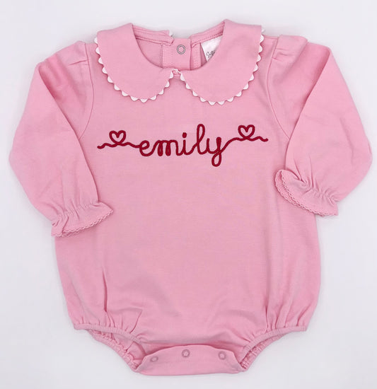Personalized Baby Girl Bubble Romper – Pink Peter Pan Collar Outfit with Name Embroidery, Custom Baby Shower Gift, Toddler Girl Clothes
