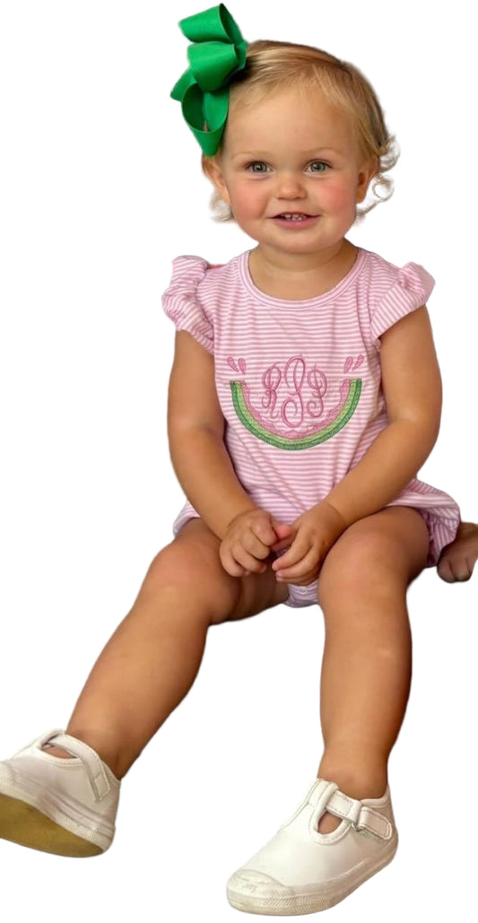 Girls Monogrammed Watermelon Striped Romper