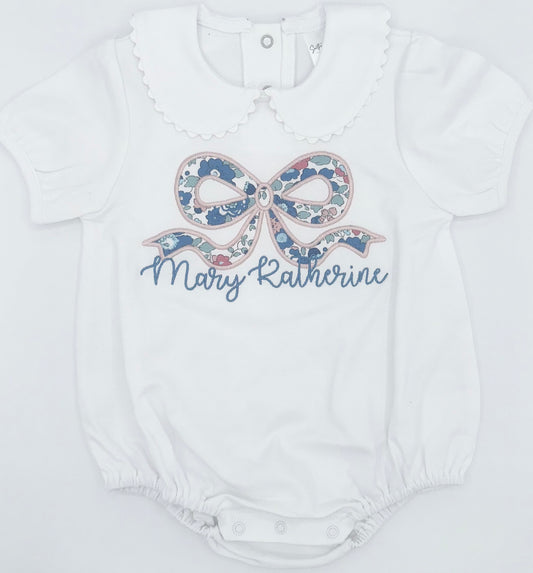 Floral Bow Appliqué Baby Bubble with Peter Pan Collar