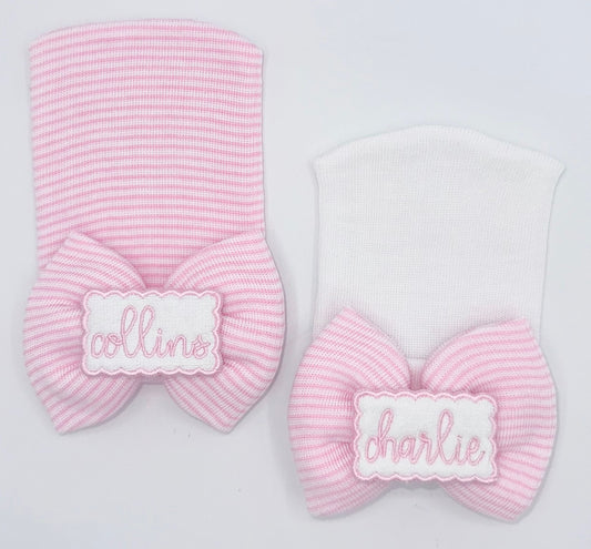 Personalized Newborn Bow Hat | Custom Baby Girl Hospital Beanie with Name or Monogram, Embroidered, Gender Neutral, Personalized