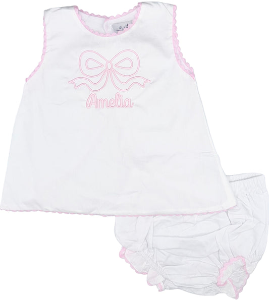 Personalized Bow Design Bloomer Set, Baby Girl Outfit | Summer, Sweet, Diaper Set, Pink and White