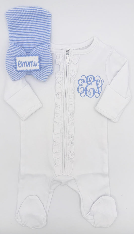 Custom Ruffle Baby Outfit with Monogram & Bow Hat | Hospital Outfit, Newborn Outfit, Customize, Embroidered, Coming Home Outfit