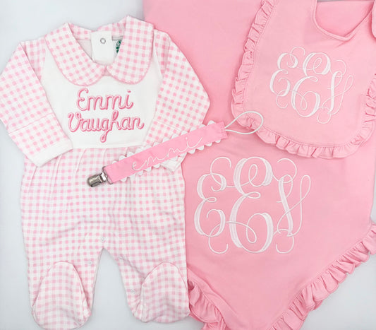 Baby Bundle | Baby Sleeper Paci Clip Bib and Blanket Set | Gingham Footie | Ruffled Edges
