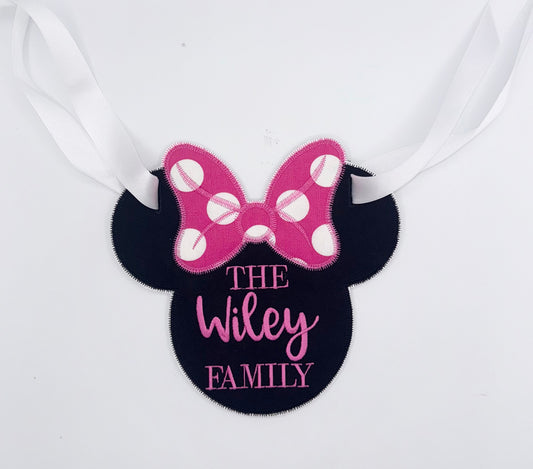 Personalized Mouse Head Stroller Tag | Polka Dot Bow | Pink | Black | White