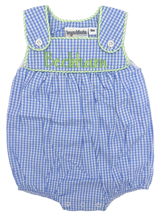Embroidered Boys Gingham with Green Seersucker Piped Edge Monogram Sunsuit, Baby Boy Toddler | Bubble, Boy Outfit, Summer, Romper, Blue and White (Copy)