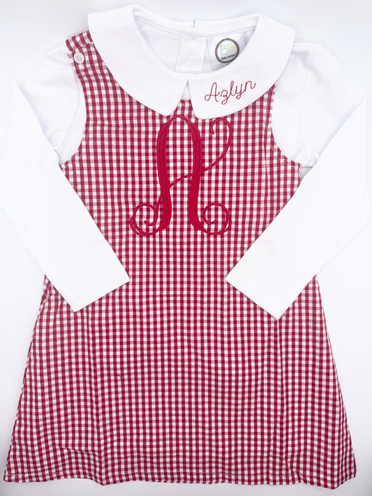 Personalized Red Gingham Jumper Dress | Peter Pan Collar Shirt