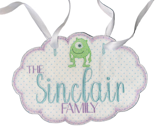 Personalized Green Monster Stroller Tag | White | Green | Purple