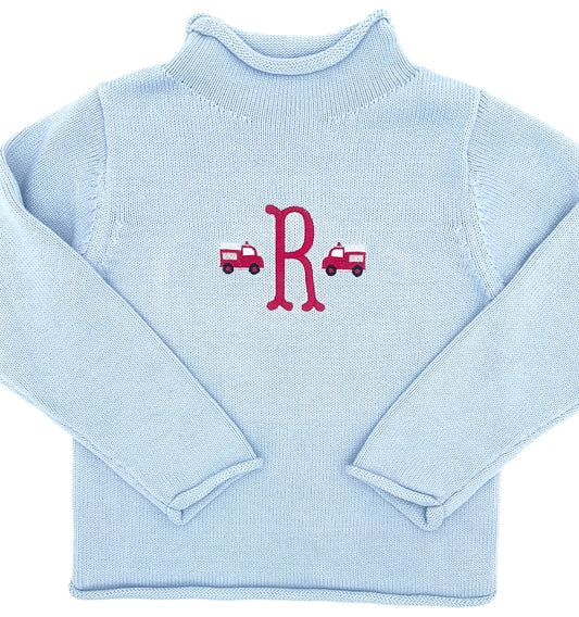 Personalized Monogrammed Boys Fire Truck Knit Turtleneck Sweater