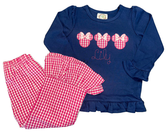 Personalized Pink Gingham Mouse Pants Set