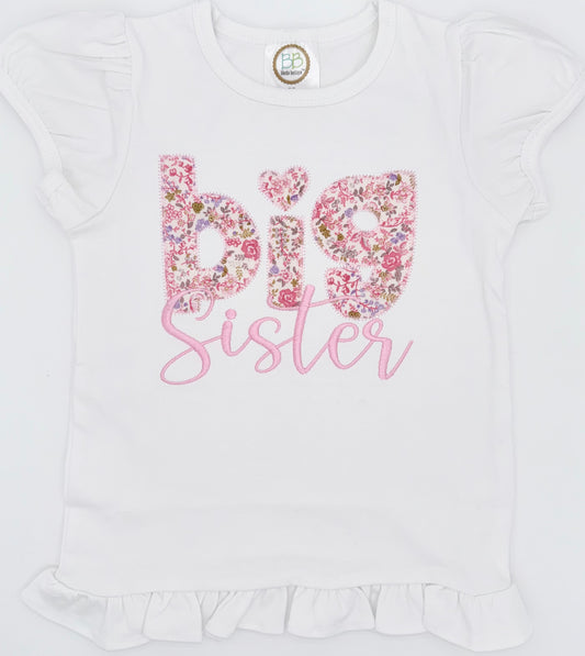 Girls Big Sister Shirt or Dress – Custom Ruffle Tee with Floral Appliqué – Personalized Sister Shirt | Dress Option