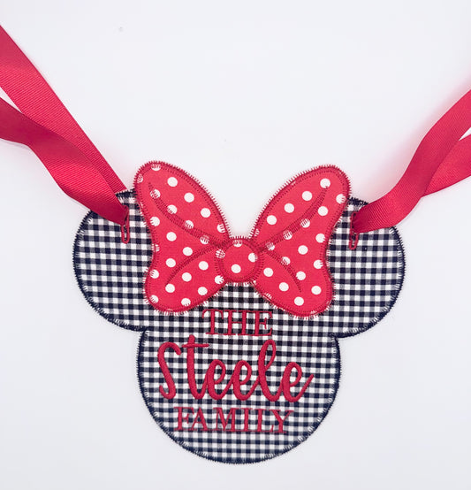 Personalized Gingham Mouse Head Stroller Tag | Polka Dot Bow | Red | Black | White