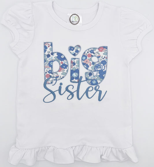 Blue Floral Girls Big Sister Shirt or Dress – Custom Ruffle Tee with Blue Floral Appliqué – Personalized Sister Shirt | Dress Option