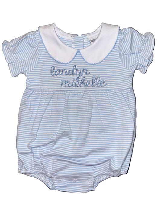 Bluebell Stripe Bubble, Peter Pan Collar, Embroidered Name, Baby Shower Gift