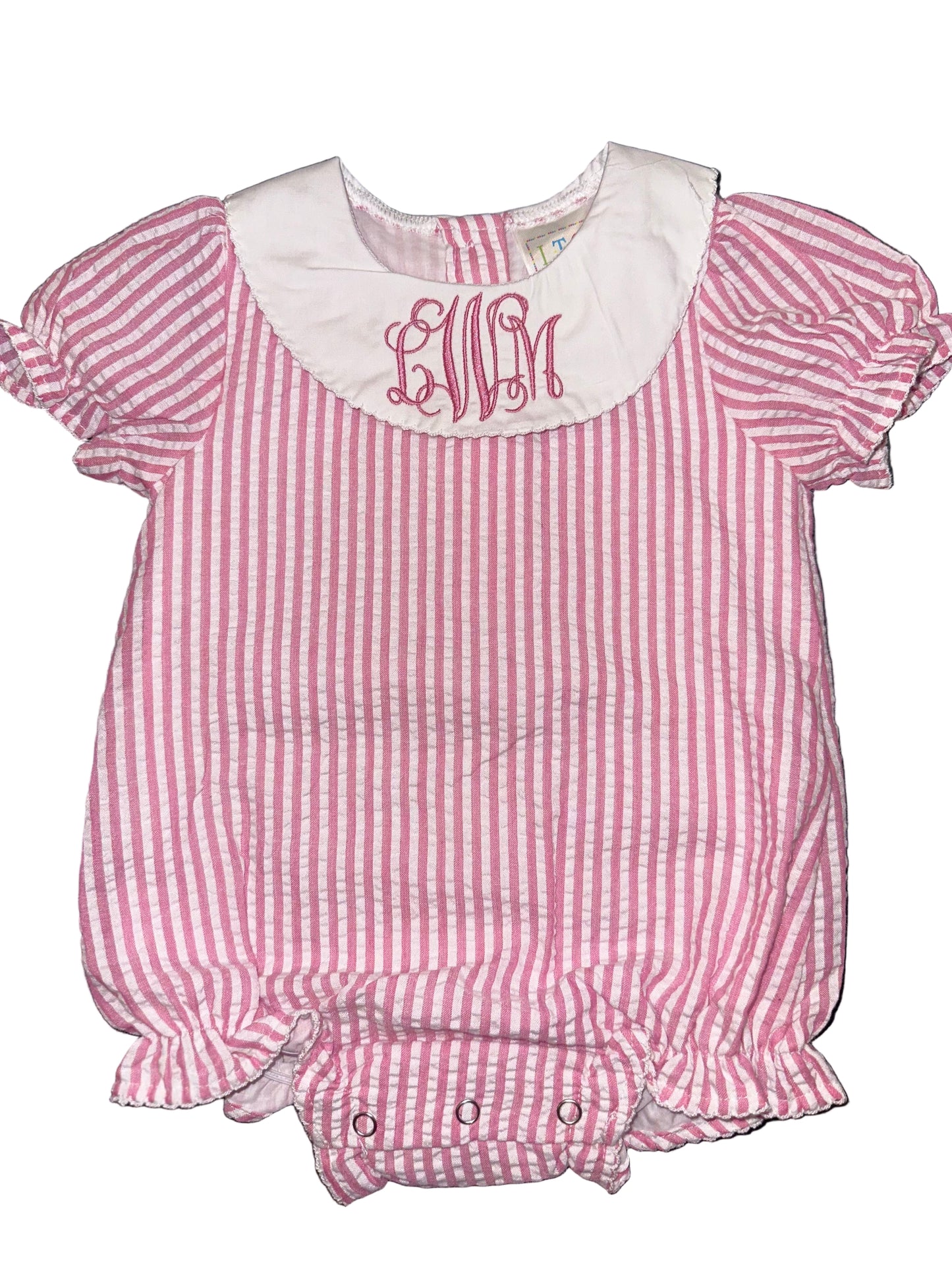 Pink Seersucker Classic Bubble, Peter Pan Collar, Embroidered Name, Baby Shower Gift
