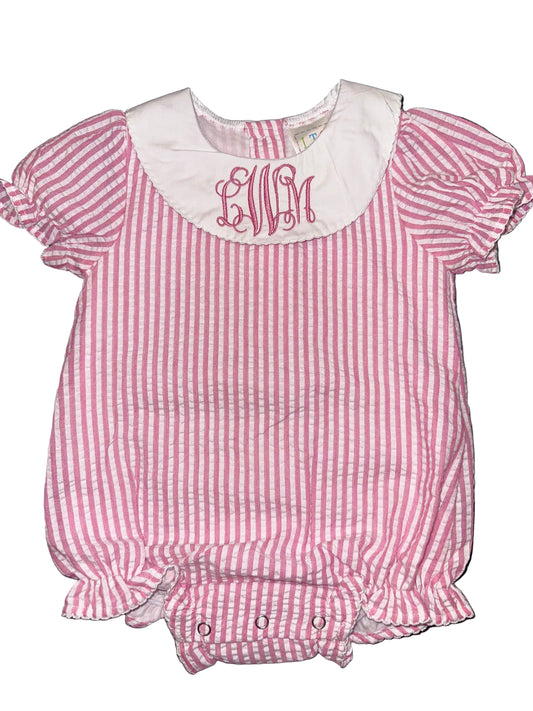 Pink Seersucker Classic Bubble, Peter Pan Collar, Embroidered Name, Baby Shower Gift