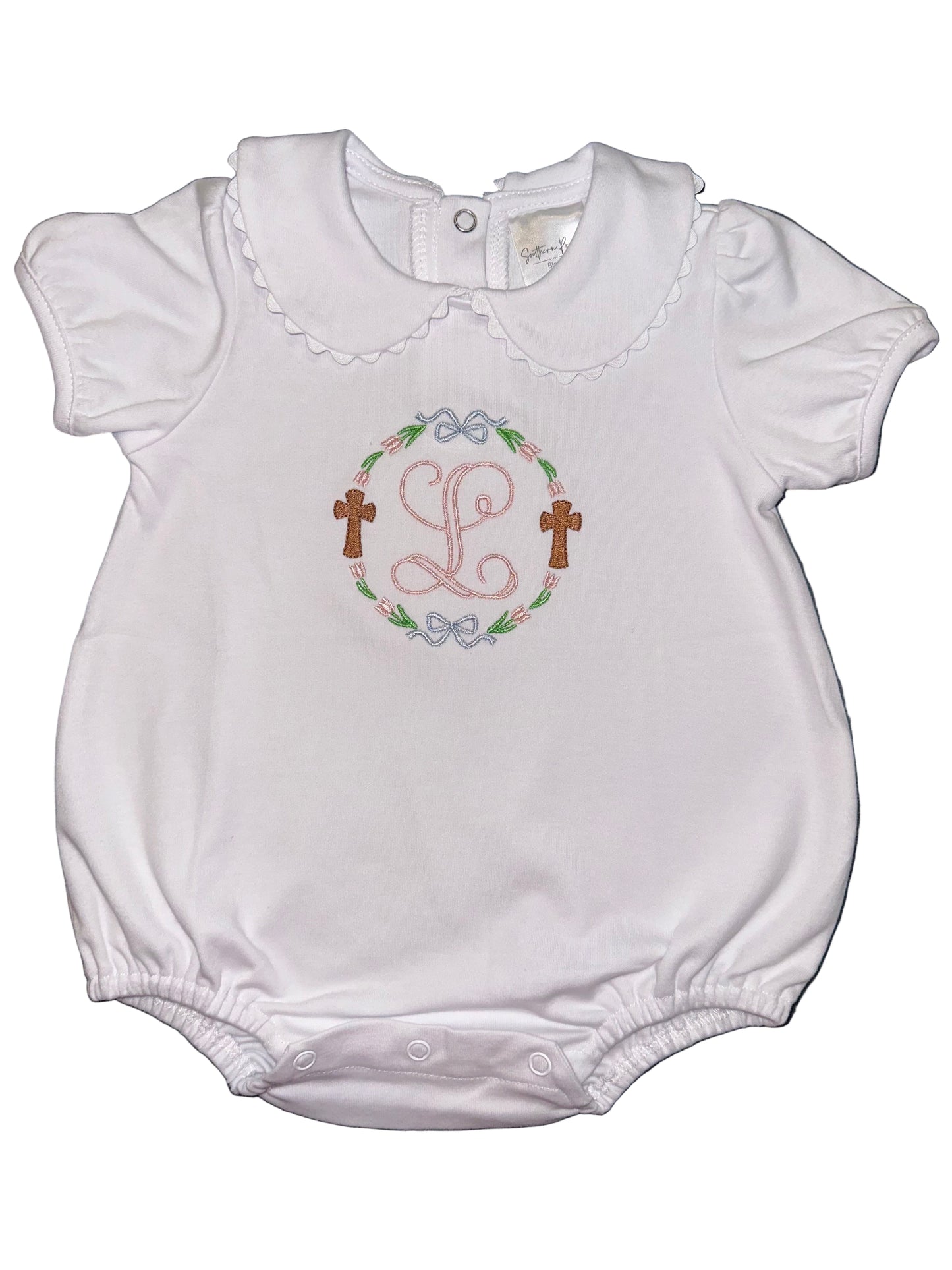 Blessed Bows Bubble Outfit with Bows, Peter Pan Collar, Embroidered Name, Baby Shower Gift