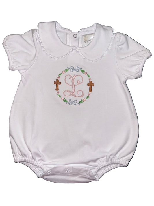 Blessed Bows Bubble Outfit with Bows, Peter Pan Collar, Embroidered Name, Baby Shower Gift