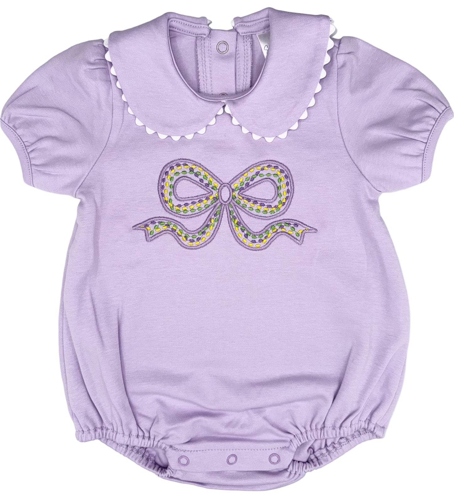 Mardi Gras Bow Bubble, Peter Pan Collar, Embroidered Name, Baby Shower Gift