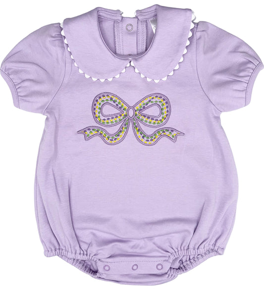 Mardi Gras Bow Bubble, Peter Pan Collar, Embroidered Name, Baby Shower Gift