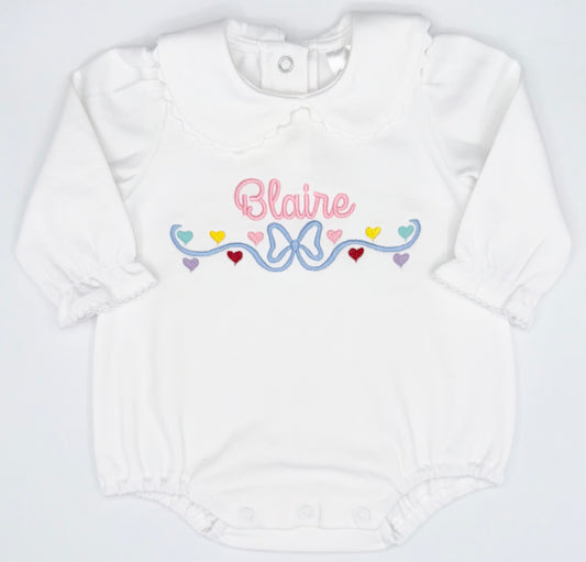Sweetheart Bow Long Sleeve Bubble Embroidered Name, Baby Shower Gift, Peter Pan Collar