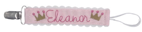 Crown Motifs with Name in Grady Font on Pink Grosgrain Paci Clip with Ric Rac Edge