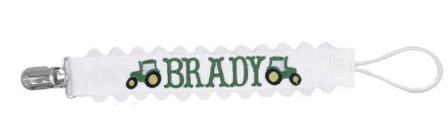 Tractor Motifs with Name in Wes Font on White Grosgrain Paci Clip with Ric Rac Edge