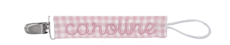 Name in Caroline Font on Light Pink Gingham Paci Clip