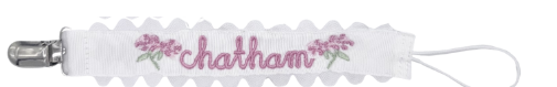 Hydrangeas Motifs with Name in Poppy Font on White Grosgrain Paci Clip with Ric Rac Edge