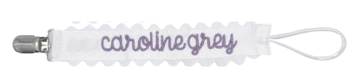 Name in Caroline Font on White Grosgrain Paci Clip with Ric Rac Edge
