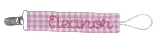 Name in Caroline Font on Hot Pink Gingham Paci Clip