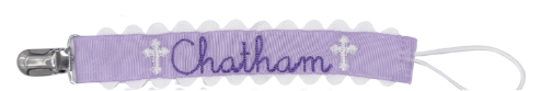 Cross Motifs with Name in Henlie Font on Lavender Grosgrain Paci Clip with Ric Rac Edge