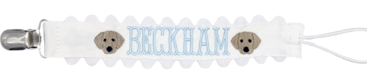 Puppy Dog Lab Motifs with Name in Wes Font on White Grosgrain Paci Clip with Ric Rac Edge