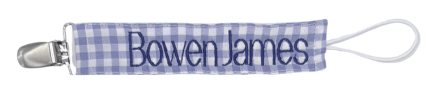 Name in Brooke Font on Blue Gingham Paci Clip