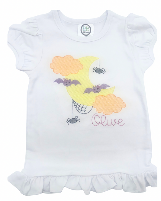 Girls’ Personalized Halloween Moon & Bats Ruffle Shirt