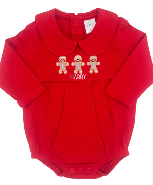 Gingerbread Men Trio on Red Long Sleeve Bubble with Peter Pan Collar