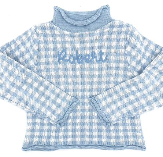 Personalized Blue Gingham Rollneck Sweater, Baby Toddler Boy Girl | Winter Clothes, Sweater, Customize, Embroidered, Every day wear